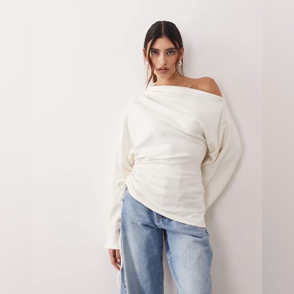 NWT ARRANGE jersey off the shoulder wide sleeves top with ruched hem in white